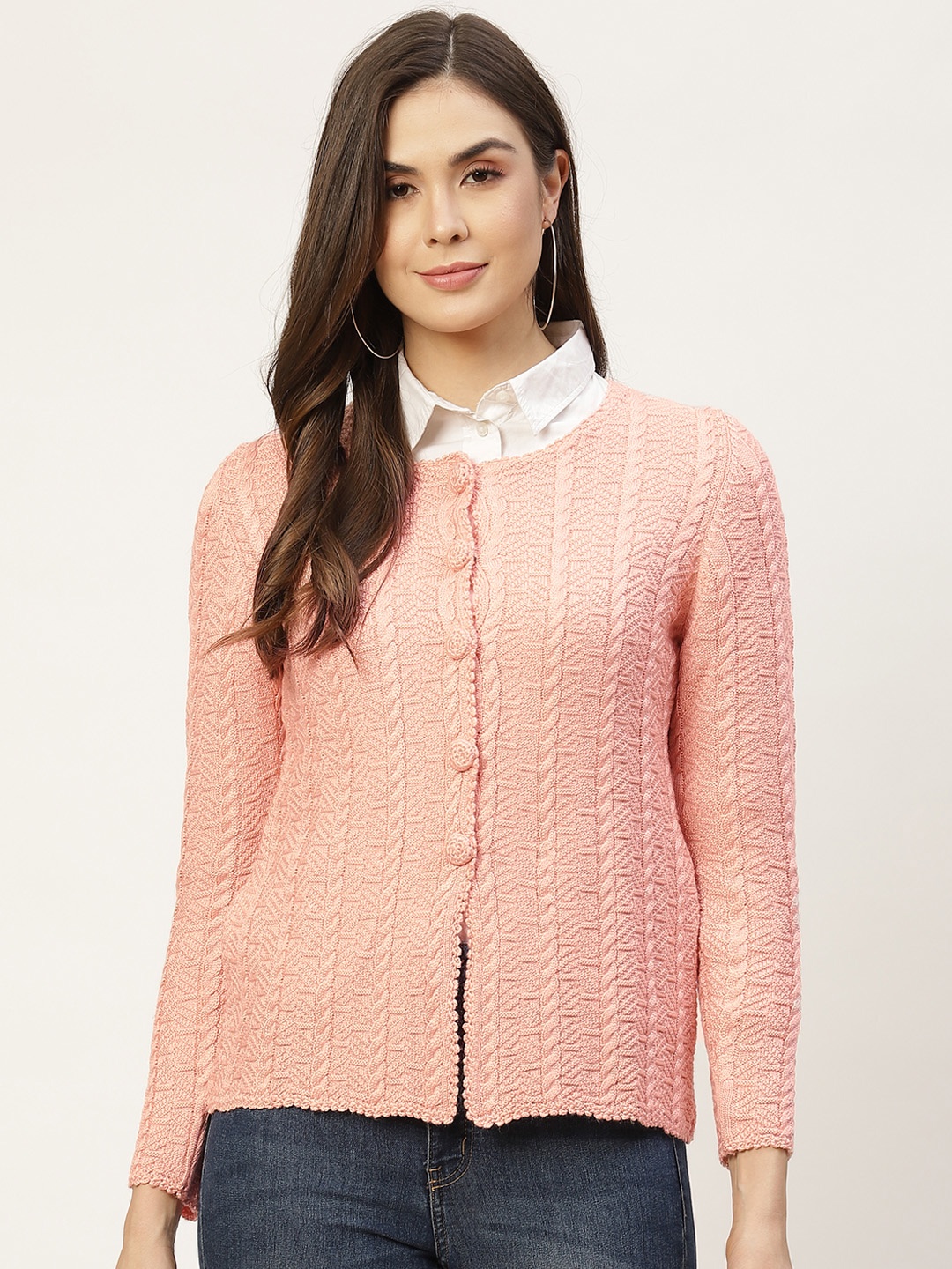 

APSLEY Women Peach-Coloured Cable Knit Cardigan