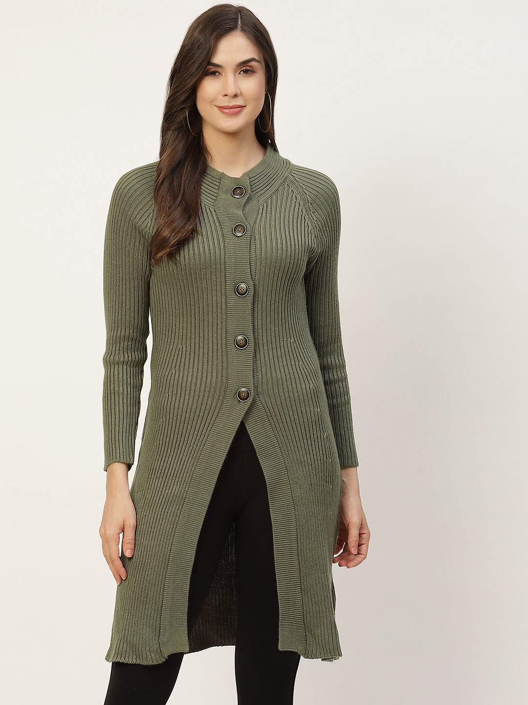 

APSLEY Women Olive Green Ribbed Longline Cardigan