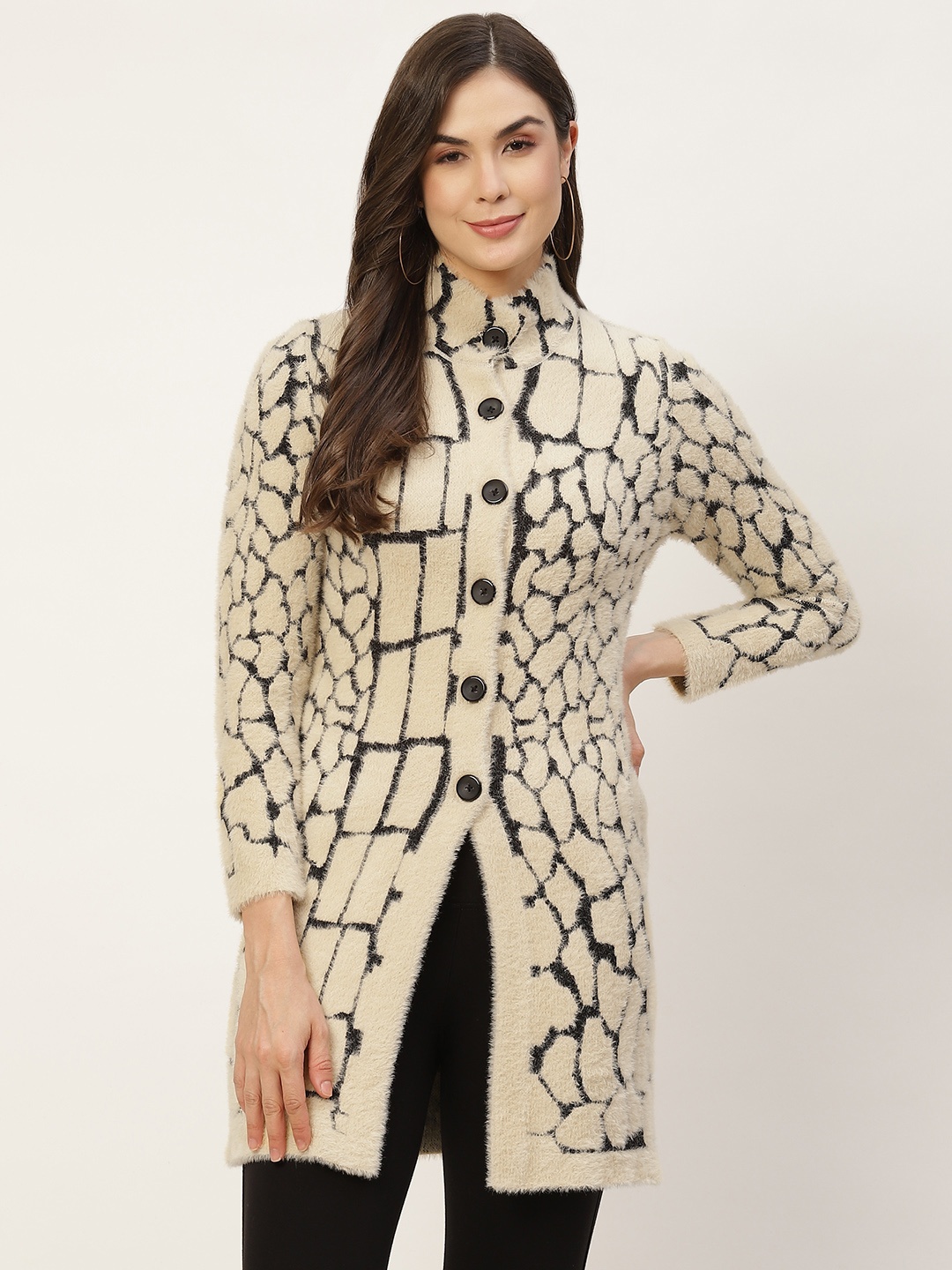 

APSLEY Women Cream-Coloured & Black Printed Cardigan with Fuzzy Detail