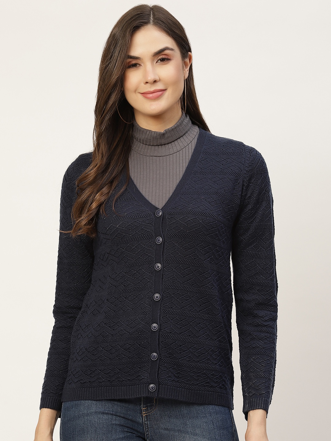 

APSLEY Women Navy Blue Self Design Cardigan