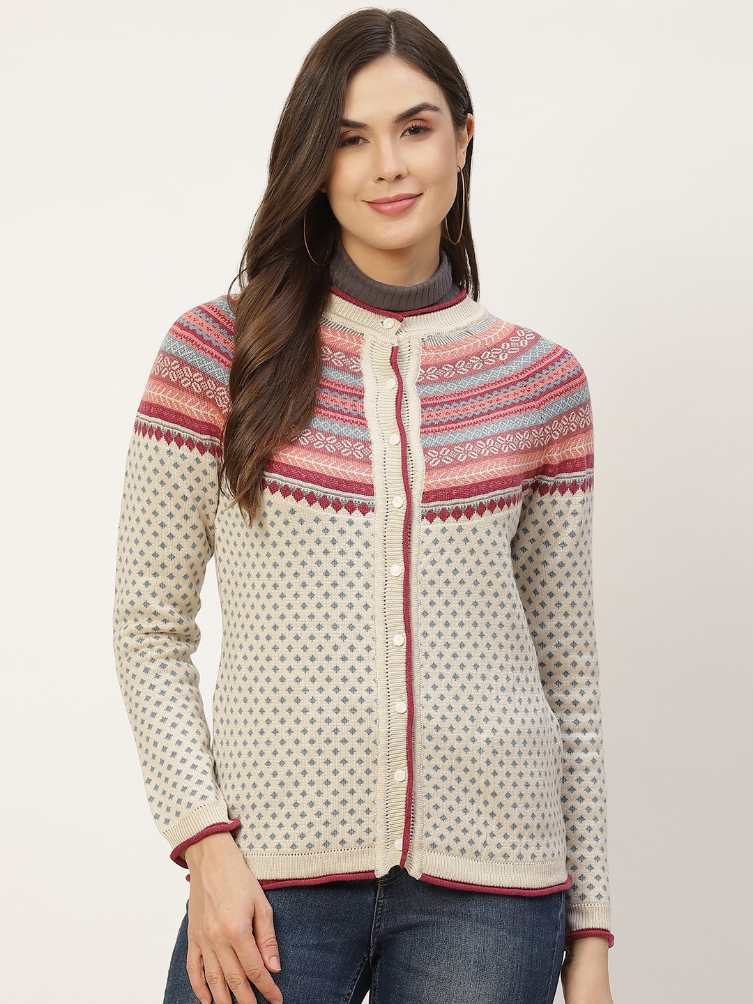 

APSLEY Women Off White & Red Geometric Printed Cardigan