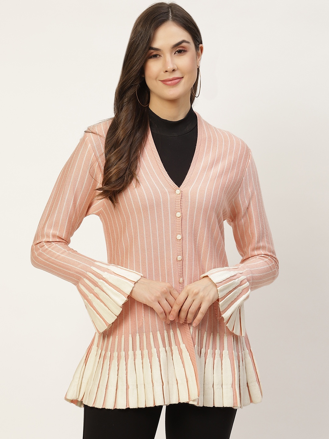 

APSLEY Women Peach-Coloured & Cream-Coloured Striped Cardigan