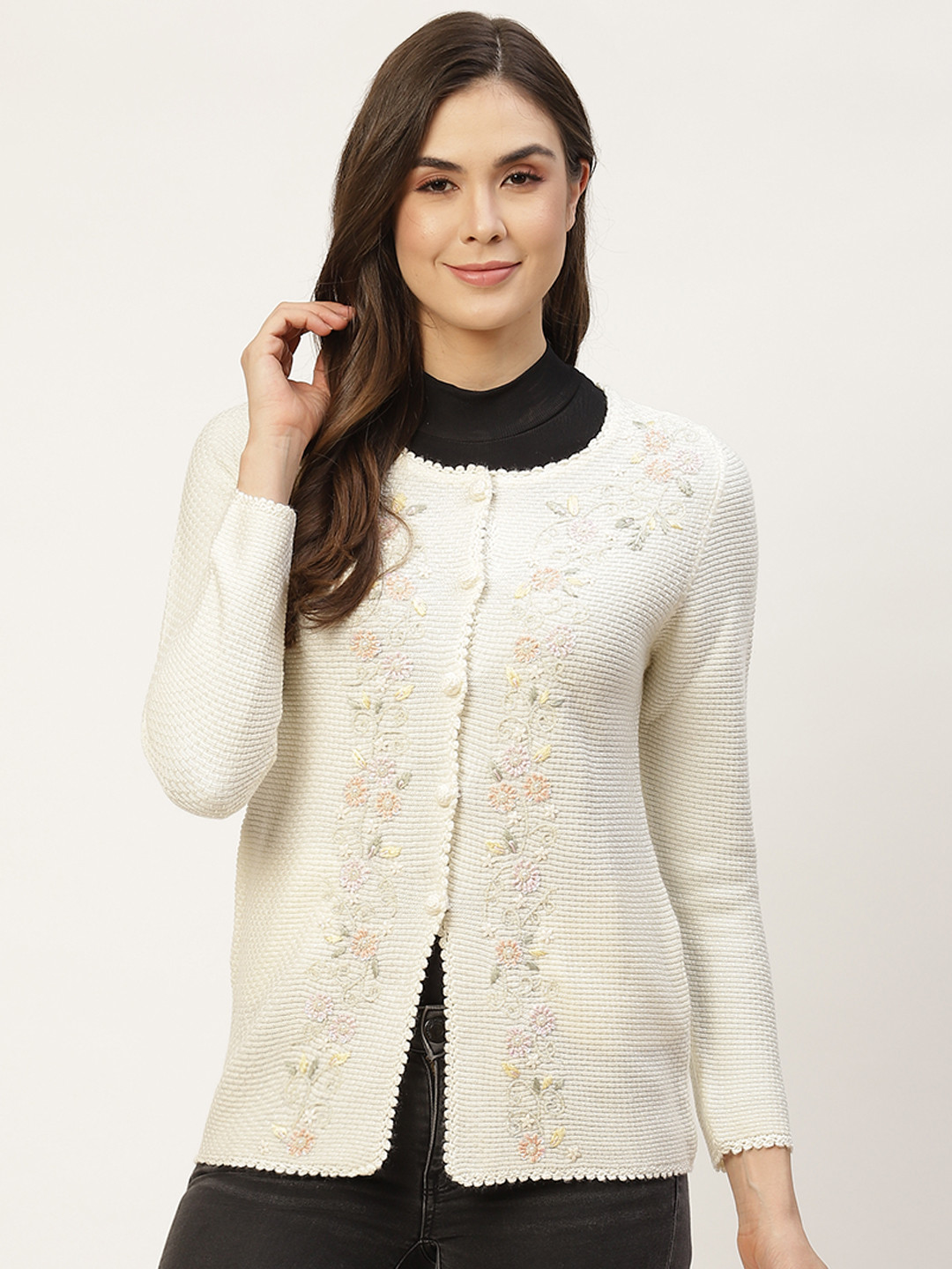 

APSLEY Women Off White Embroidered Cardigan with Embellished Detail