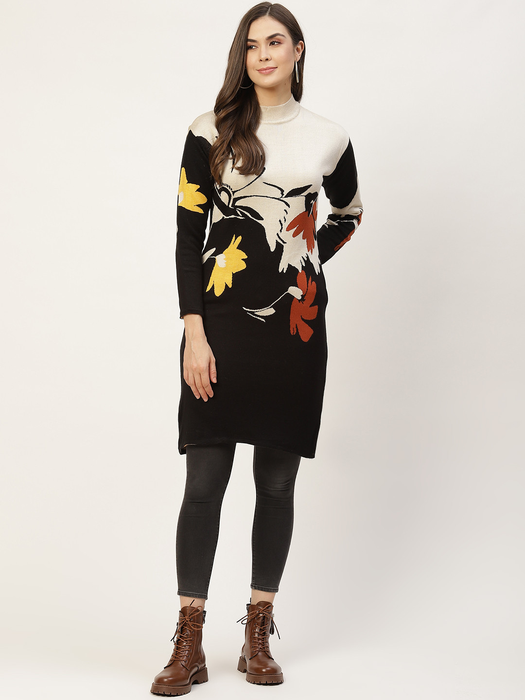 

APSLEY Women Black & Off White Floral Printed Longline Pullover