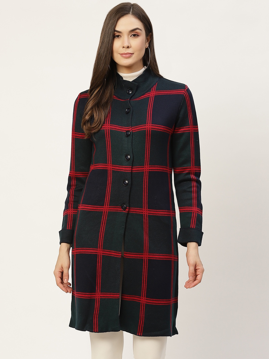 

APSLEY Women Navy Blue & Green Checked Longline Cardigan