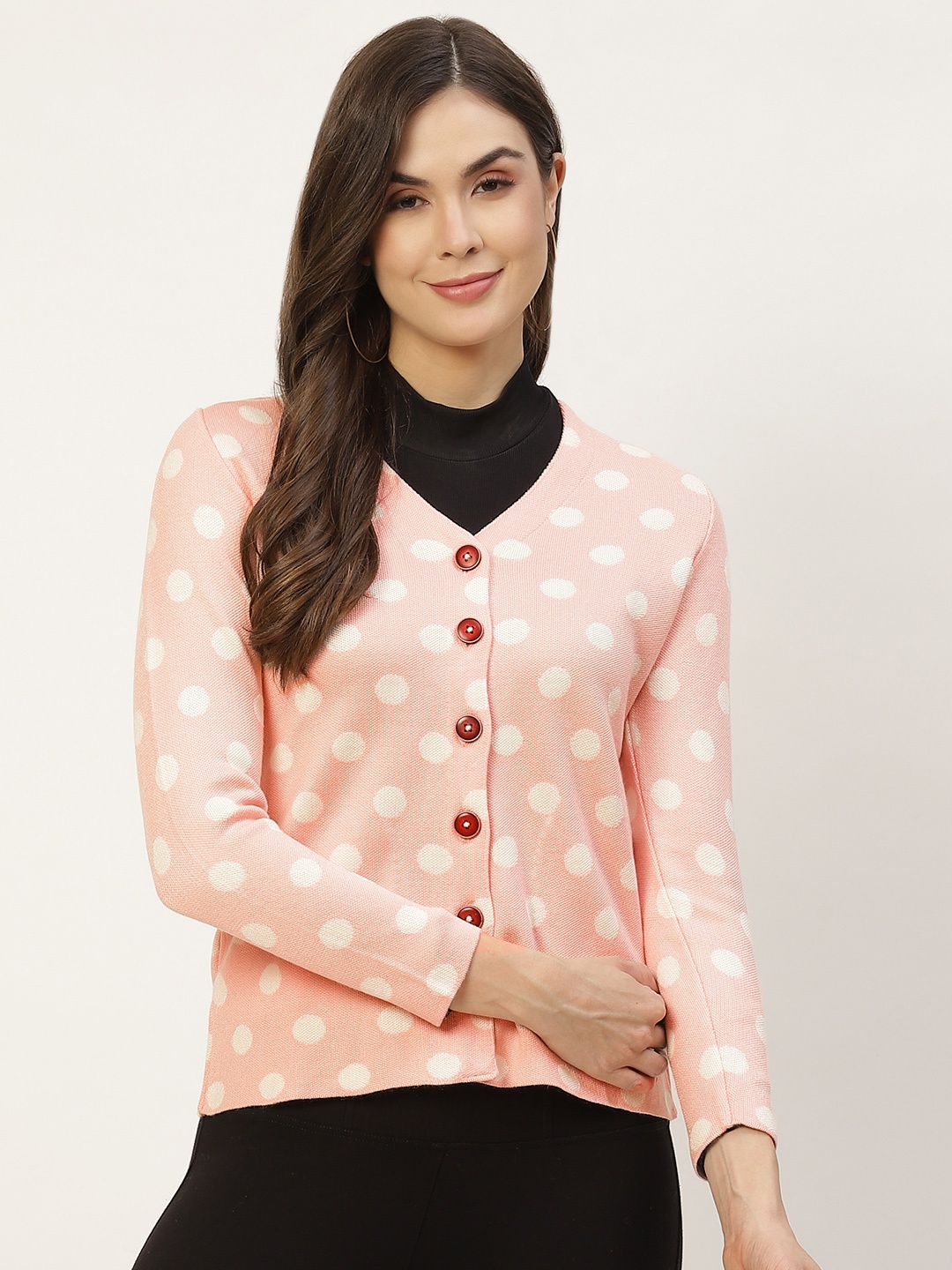 

APSLEY Women Pink & White Polka Dot Printed Cardigan