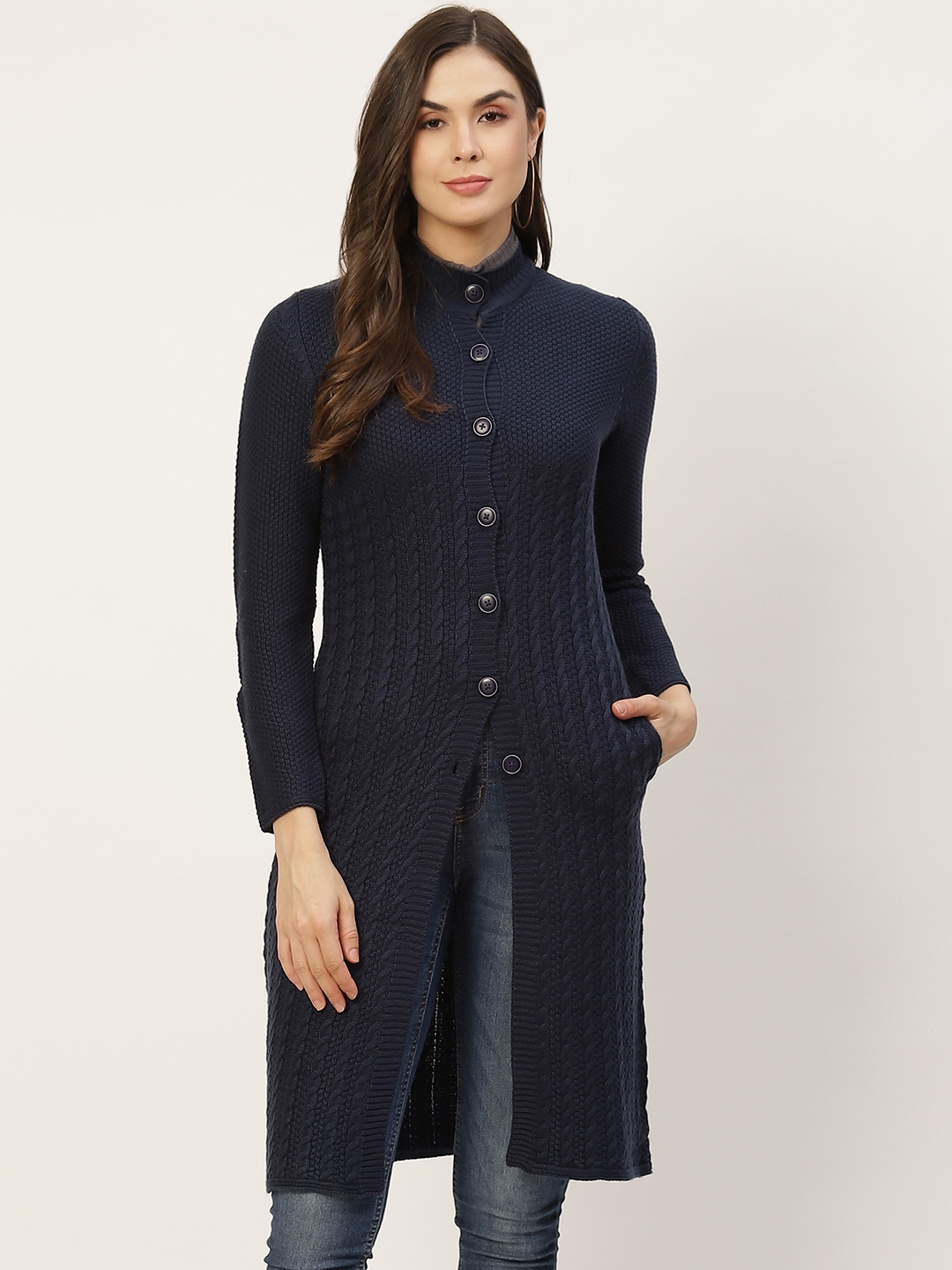 

APSLEY Women Navy Blue Cable Knit Longline Cardigan