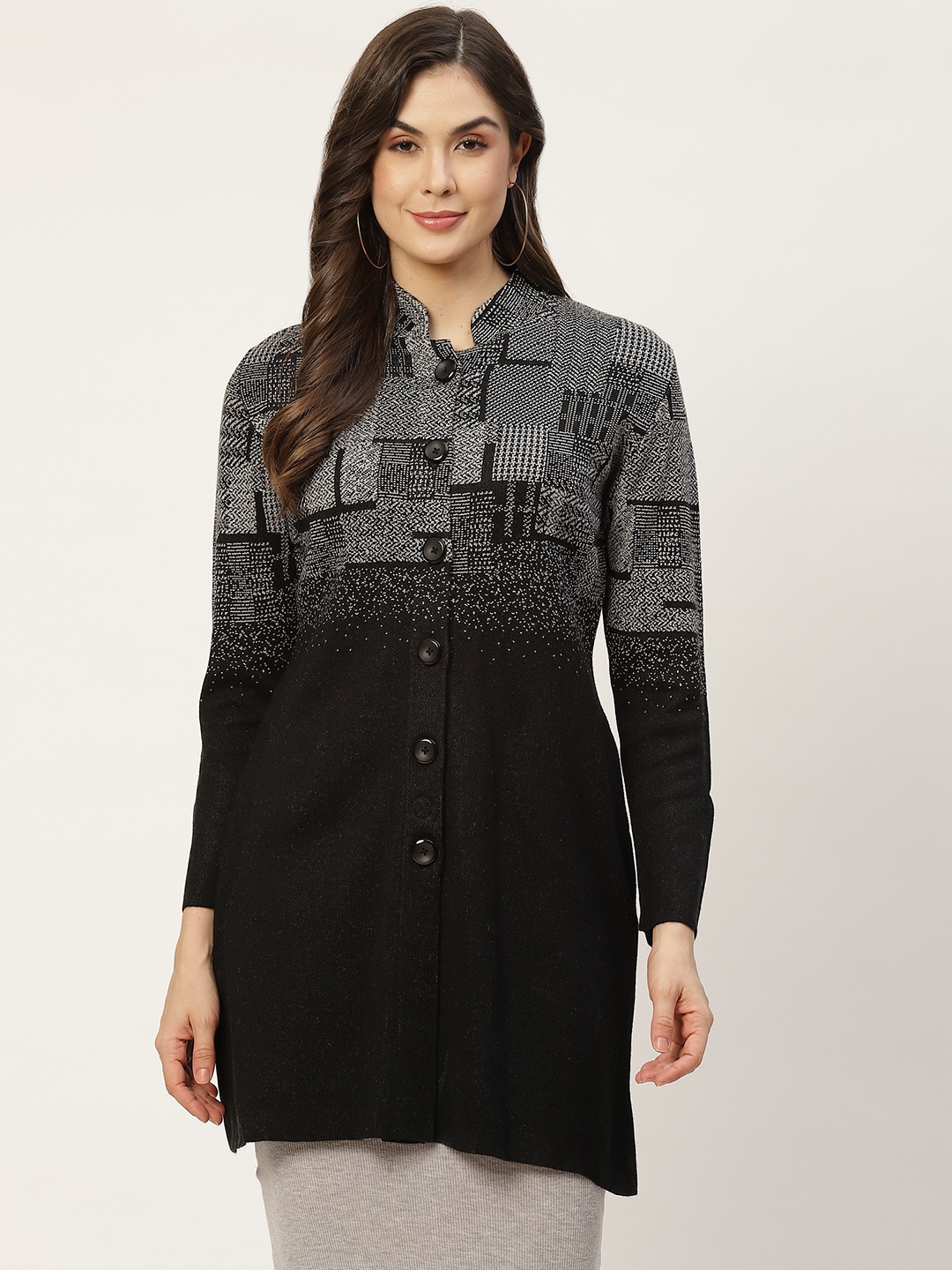 

APSLEY Women Black & Grey Printed Longline Cardigan