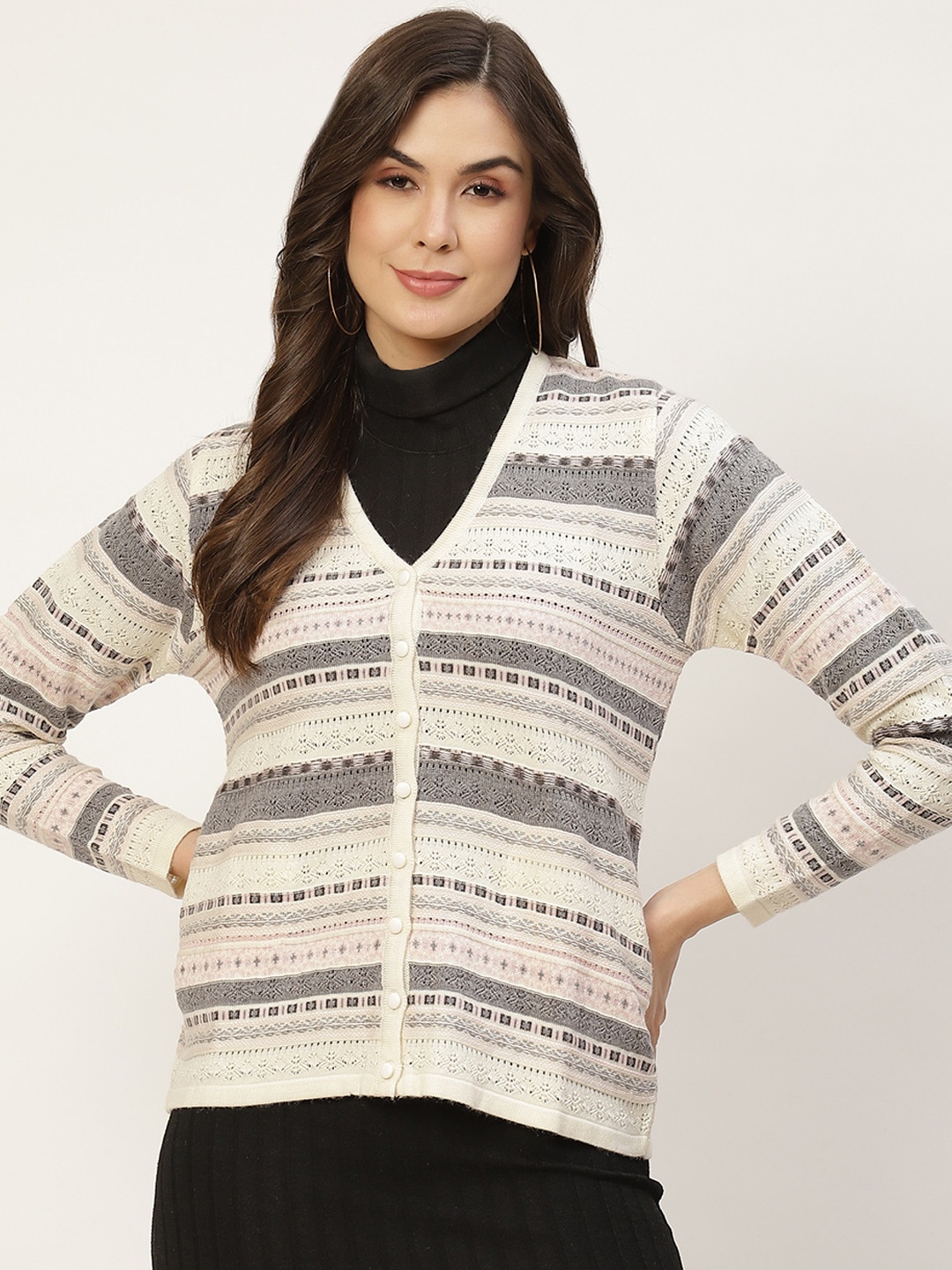 

APSLEY Women Off White & Black Striped Cardigan