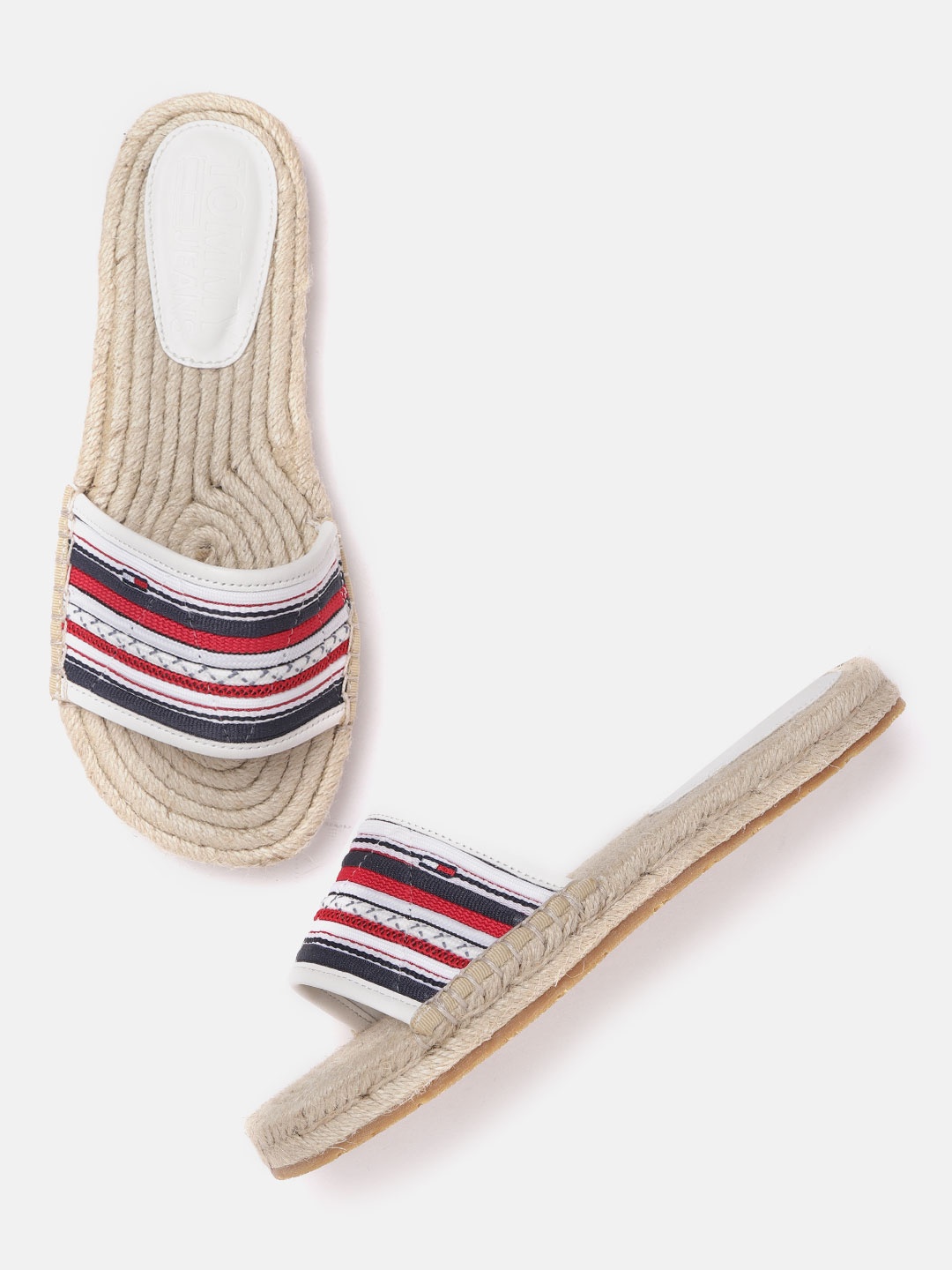 

Tommy Hilfiger Women White & Navy Blue Striped Espadrille Open Toe Flats