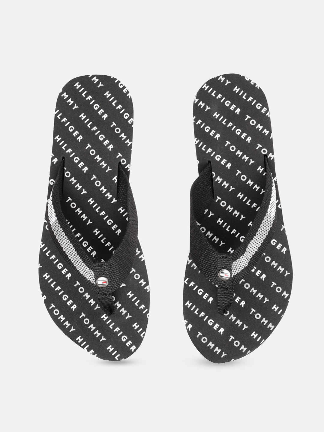 

Tommy Hilfiger Women Black & White Brand Logo Print Thong Flip-Flops