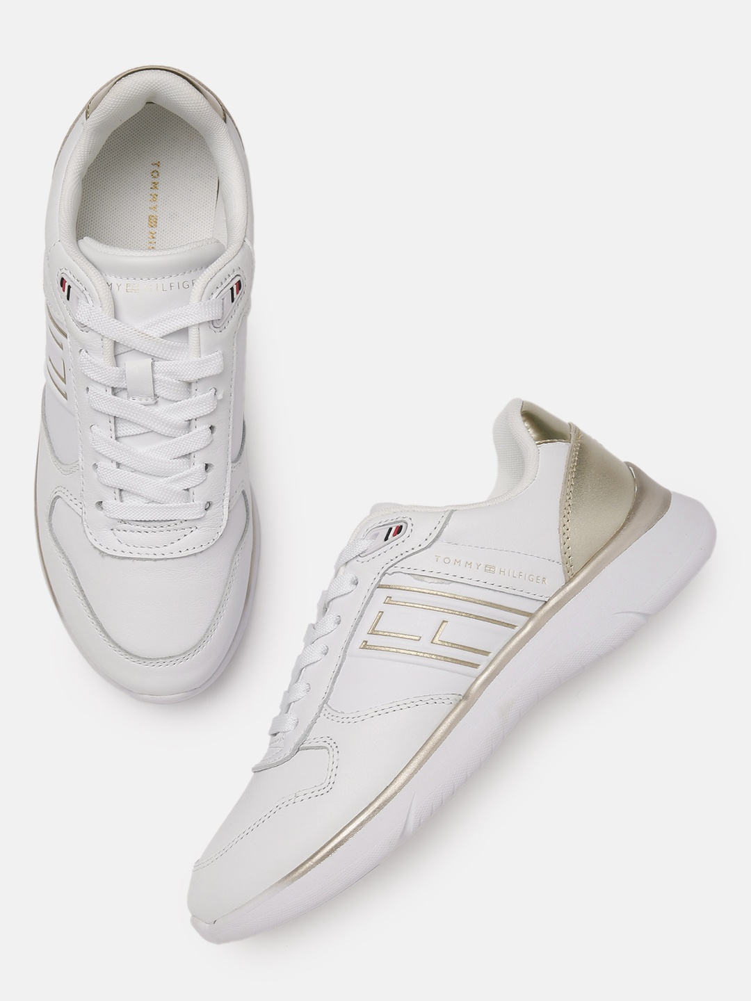

Tommy Hilfiger Women White & Gold-Toned Solid LIGHTWEIGHT Leather Sneakers