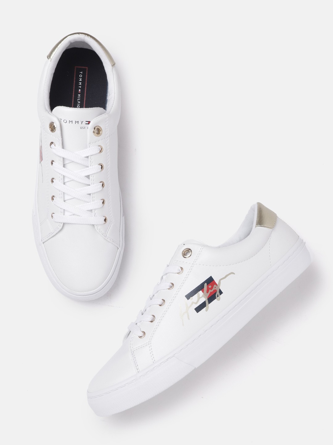 

Tommy Hilfiger Women White Solid Sneakers with Brand Logo Print Detail