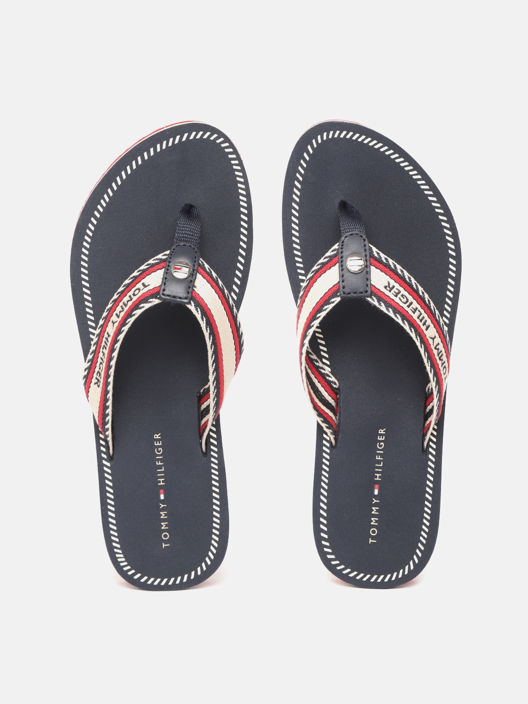 

Tommy Hilfiger Women Beige & Navy Blue Striped & Brand Logo Woven Design Thong Flip-Flops