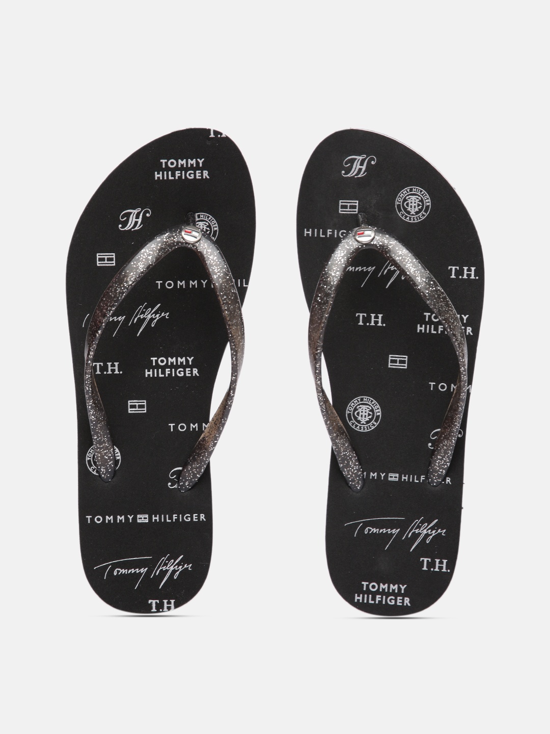 

Tommy Hilfiger Women Black GLITTER FLAT LOGO Printed Thong Flip-Flops
