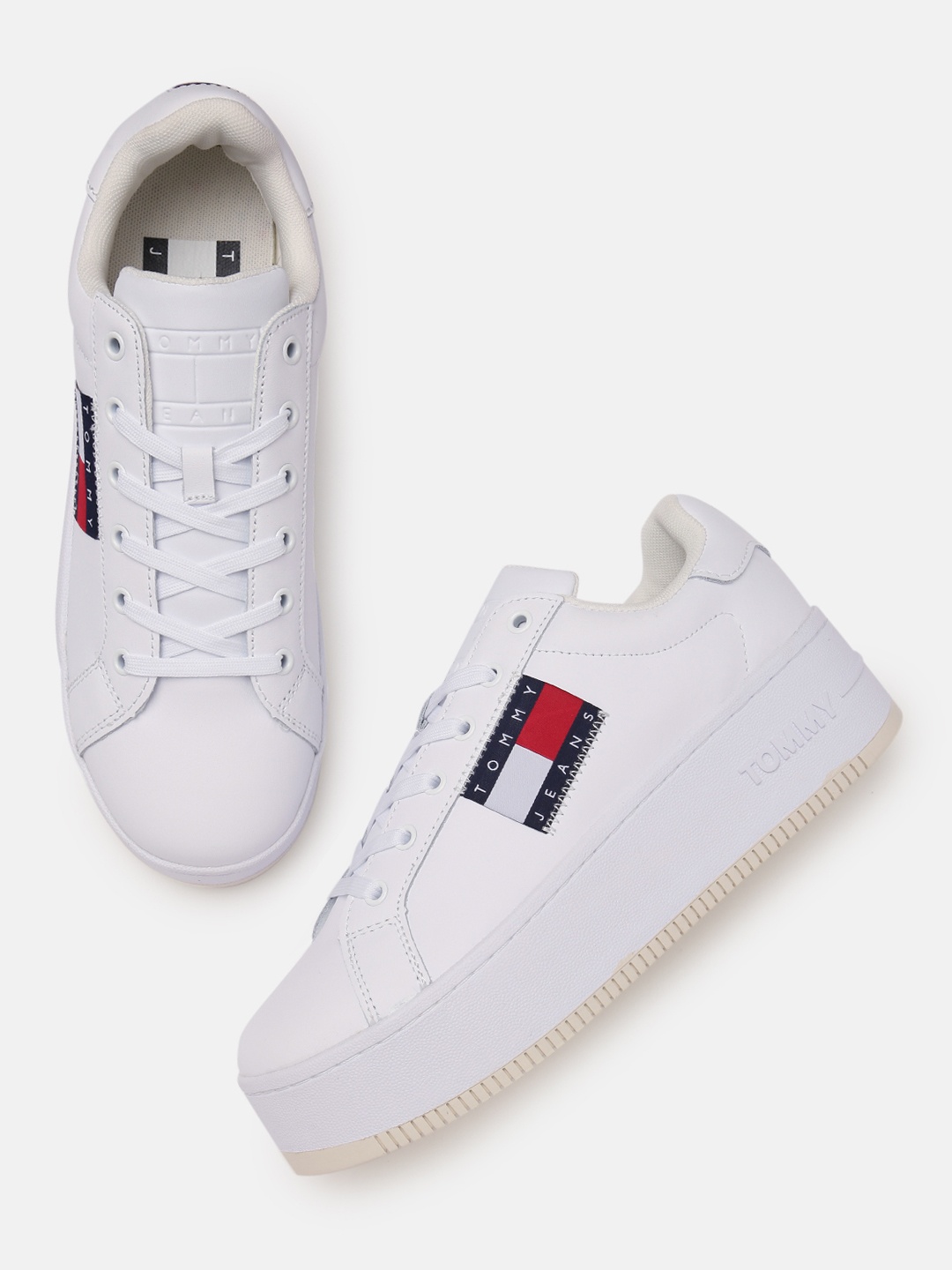 

Tommy Hilfiger Women White Solid Leather Flatform Sneakers