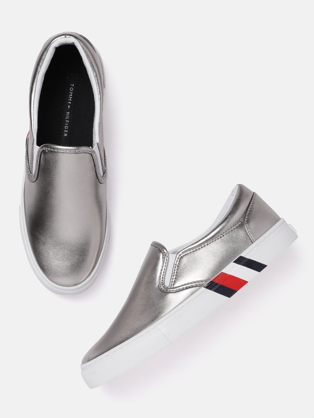 

Tommy Hilfiger Women Gunmetal-Toned Solid Slip-On Sneakers, Metallic