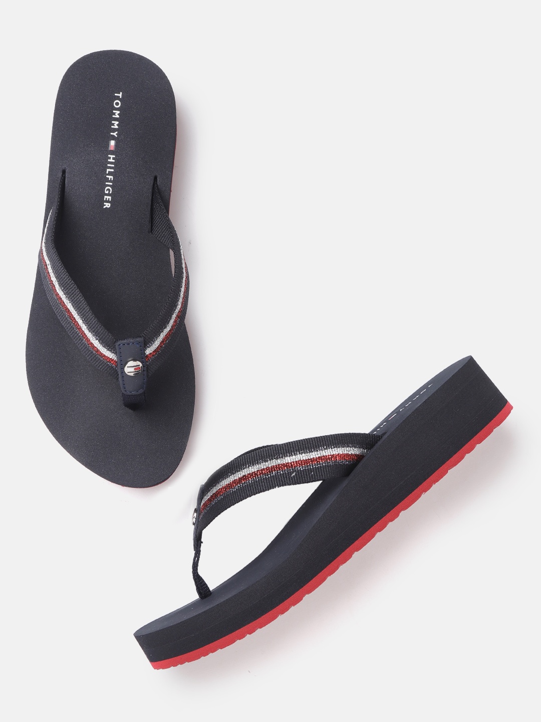

Tommy Hilfiger Women Navy Blue & Red Striped Glitter Wedges
