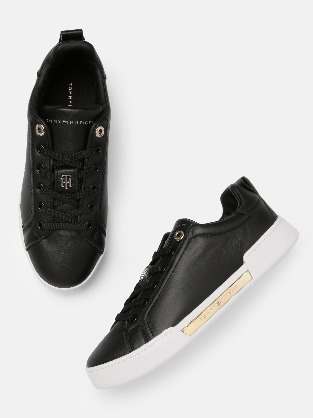 

Tommy Hilfiger Women Black Solid HARDWARE ELEVATED Leather Sneakers