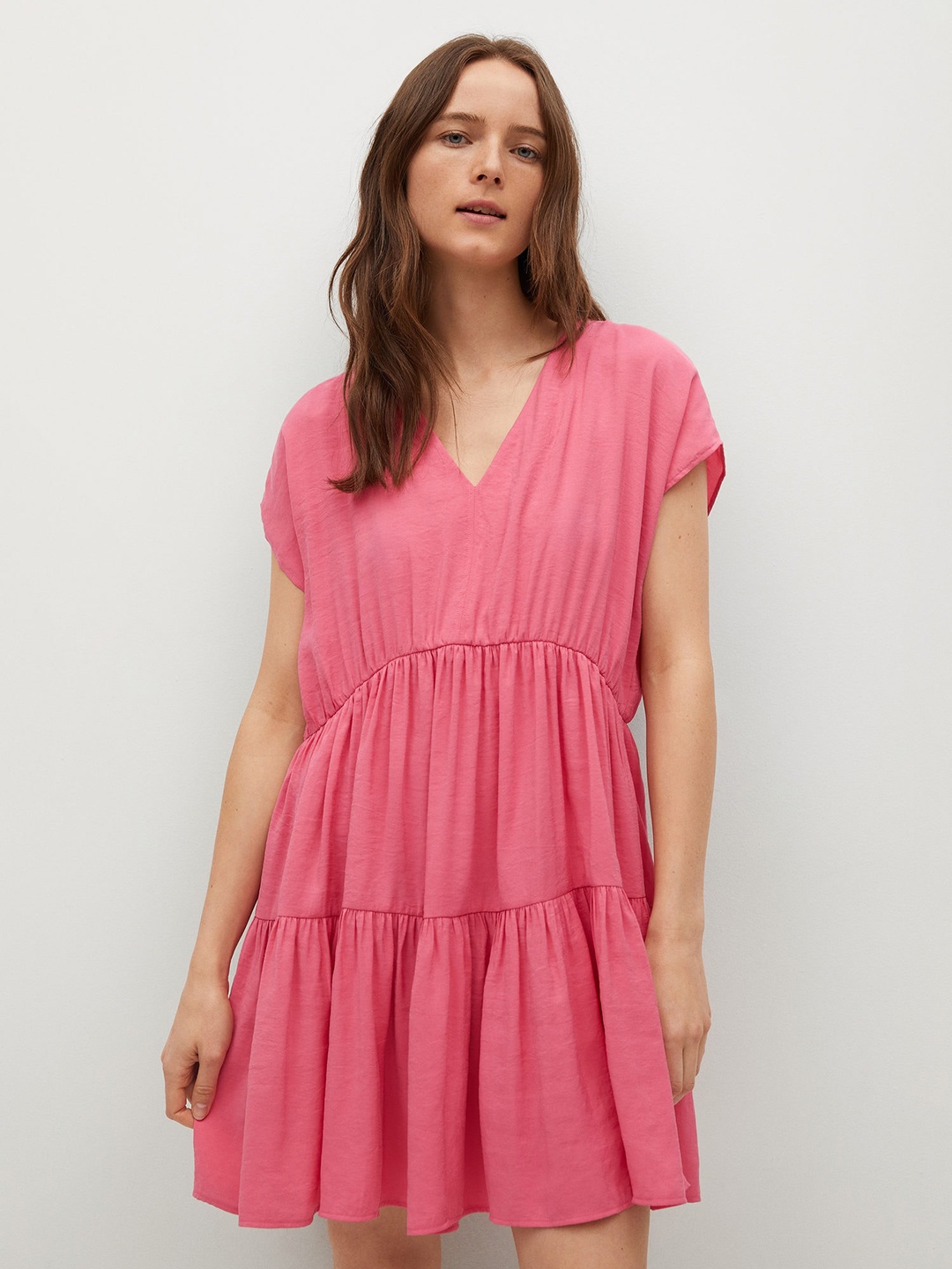

MANGO Pink Solid Tiered A-Line Dress