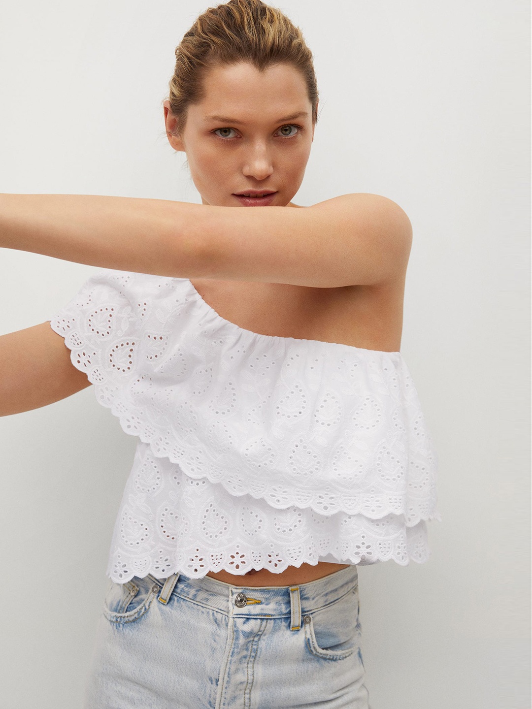 

MANGO White Ethnic Motifs Cotton Schiffli One Shoulder Layered Top