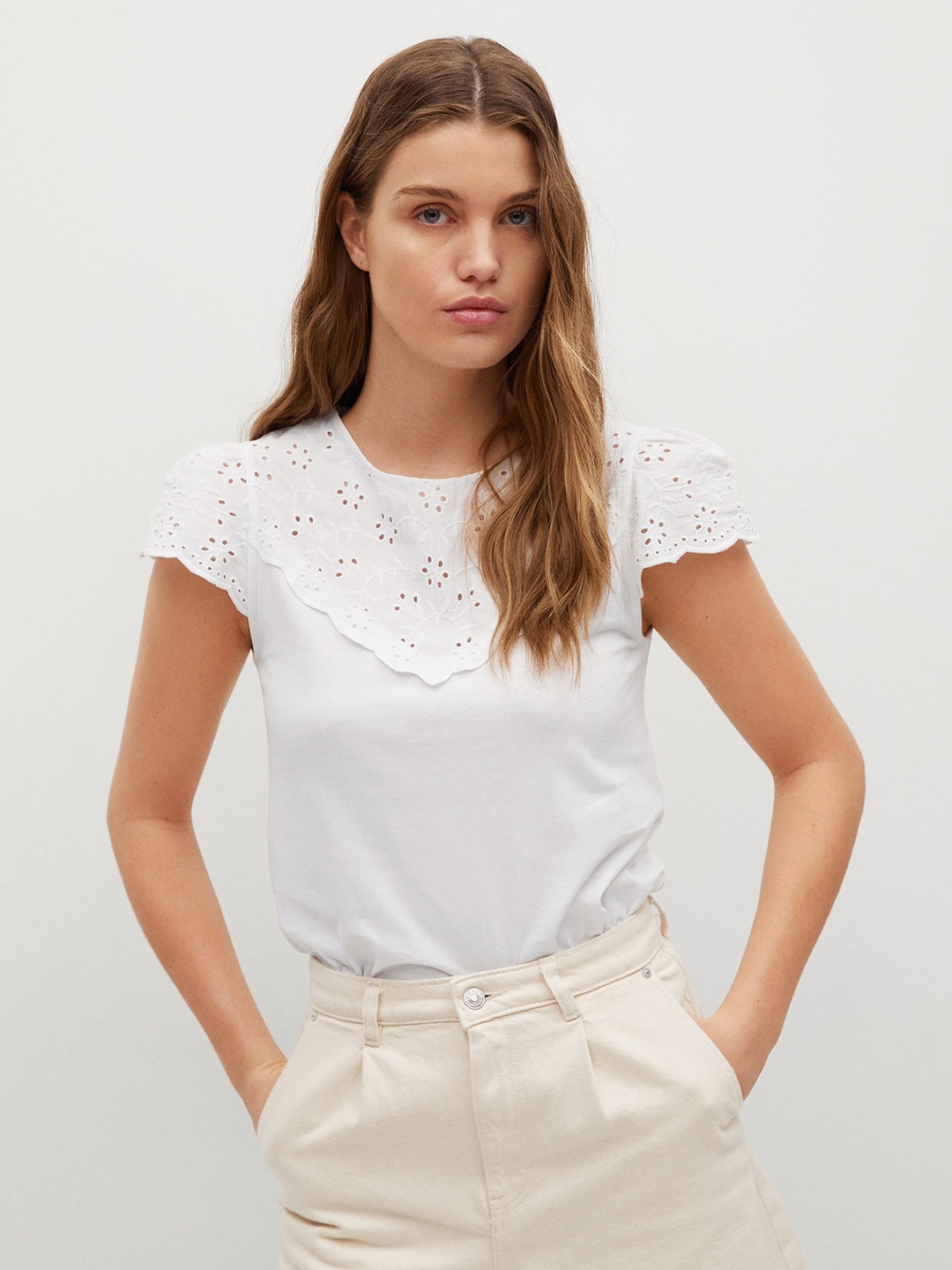 

MANGO Women White Solid Pure Cotton Sustainable Regular Top