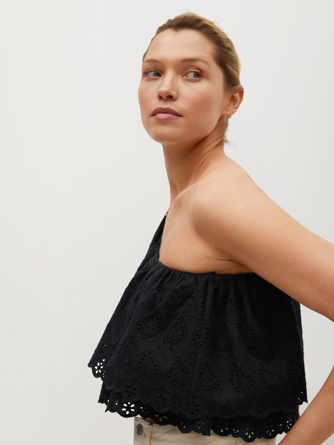 

MANGO Black Floral Embroidered Cotton One Shoulder Layered A-Line Top