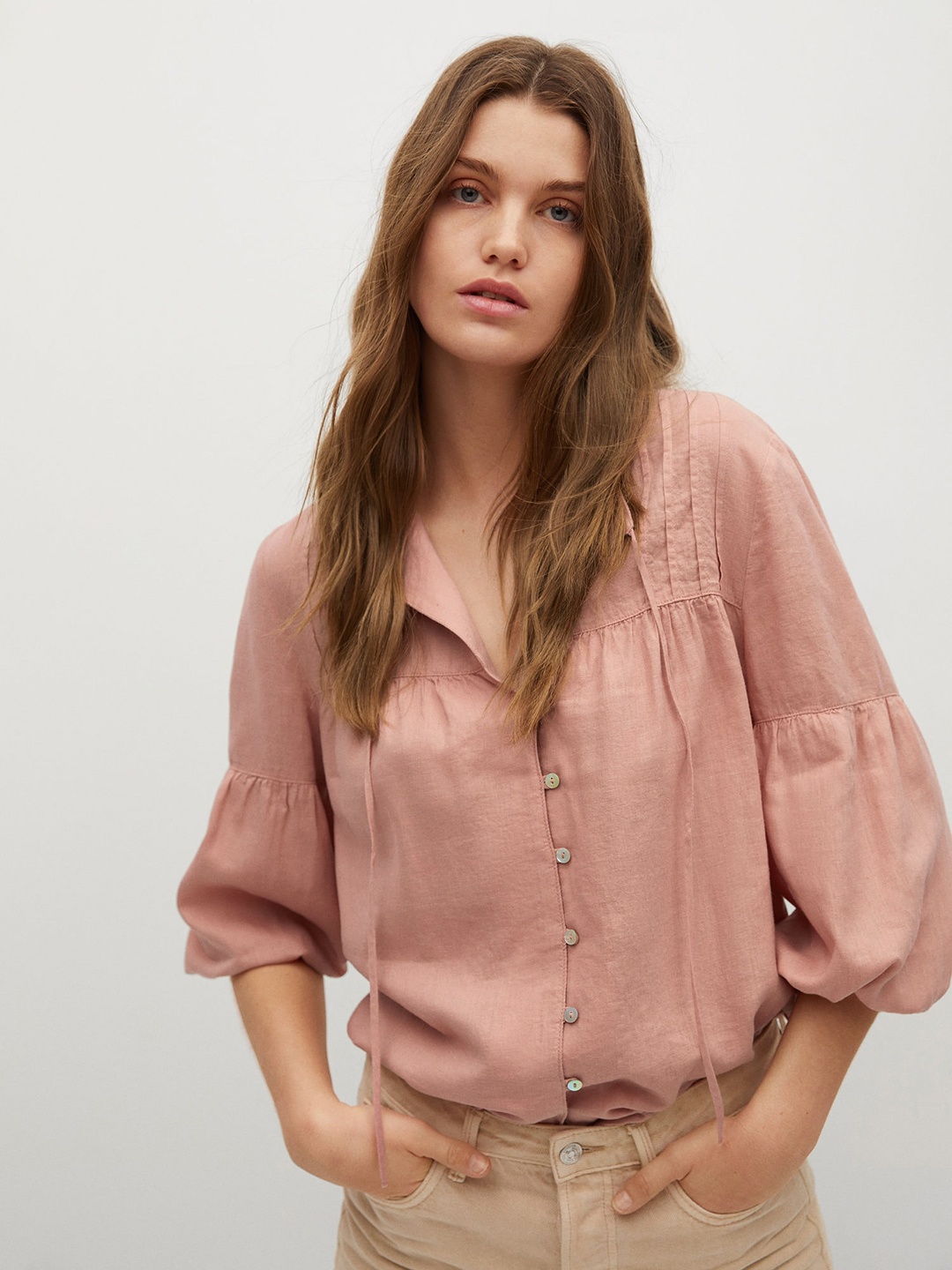 

MANGO Dusty Pink Tie-Up Neck Blouson Crop Sustainable Top