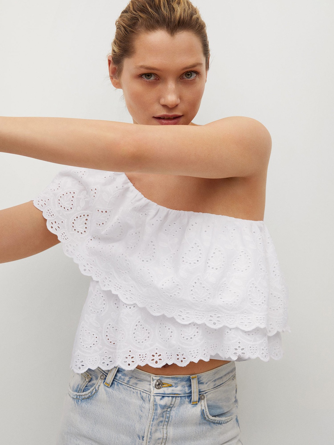 

MANGO White Pure Cotton Schiffli Embroidered One Shoulder Layered Crop Top