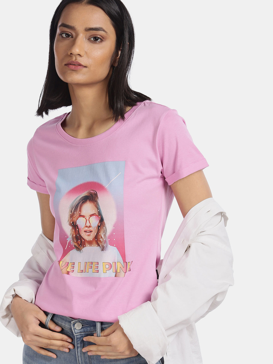 

Sugr Women Pink Graphic Printed Cotton Pure Cotton T-shirt