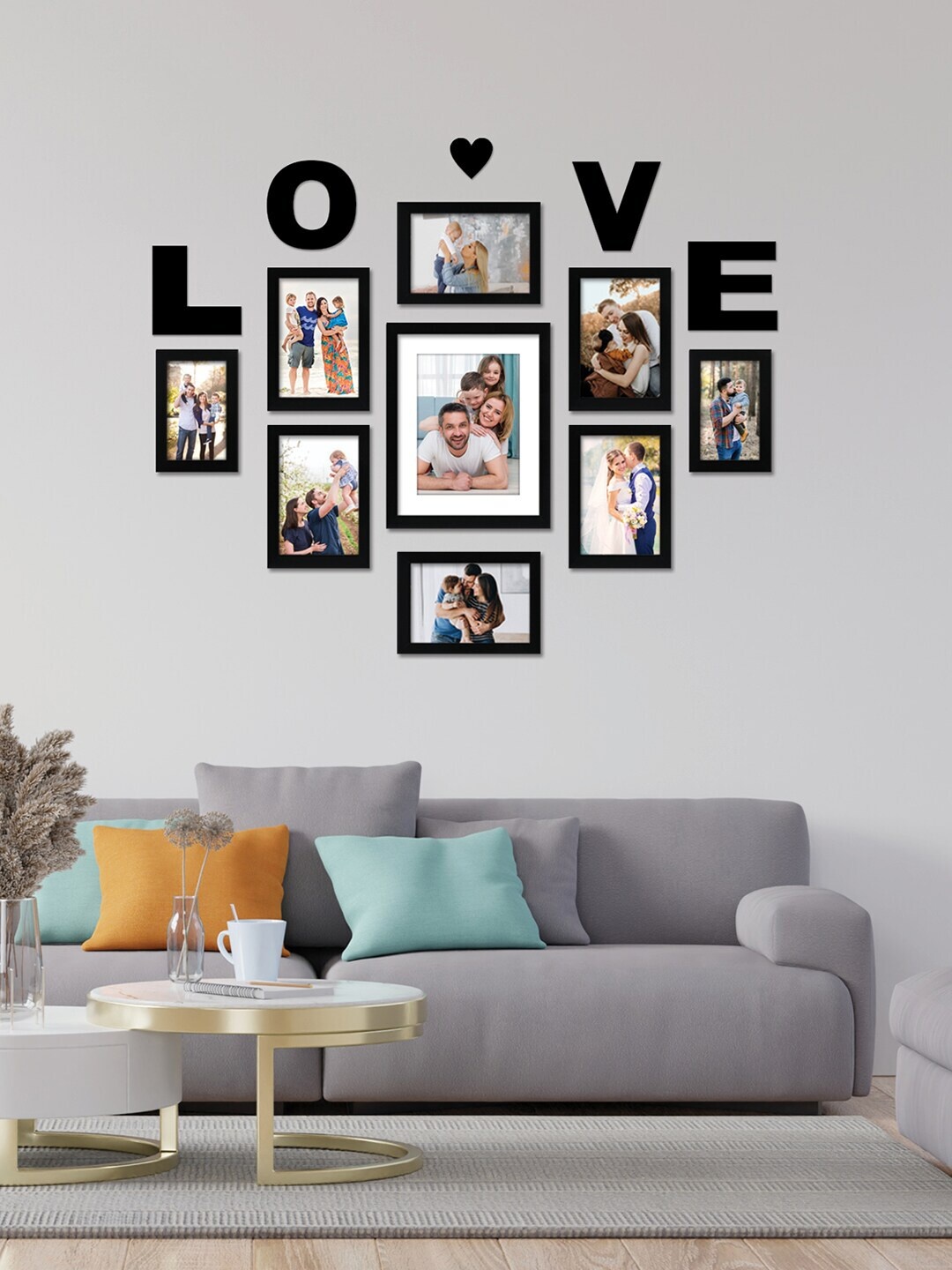 

RANDOM Set Of 9 Black Individual Photo Frames With Love & Heart Plaque