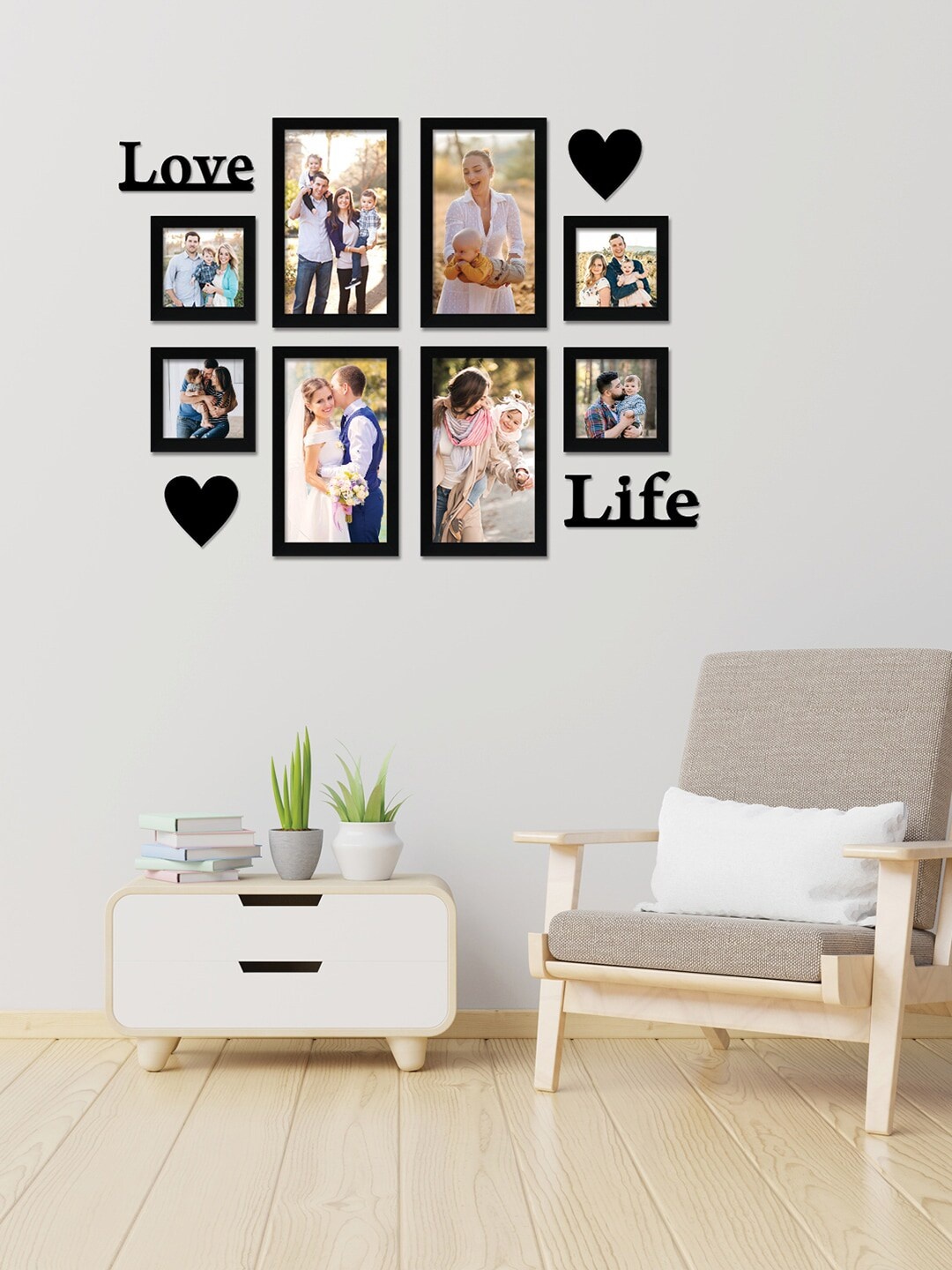 

RANDOM Set Of 8 Black Individual Photo Frames With Love & Life Plaque