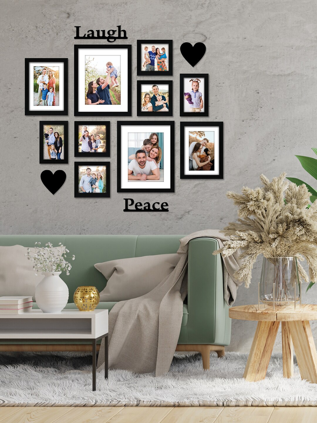 

RANDOM Set Of 10 Black Solid Individual Wall Photo Frames with laugh & peace plaque