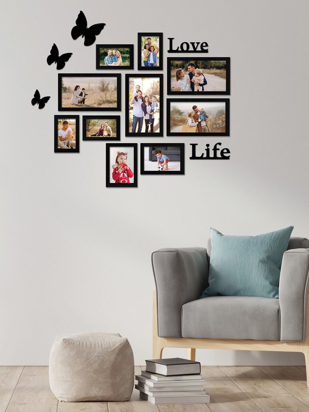 

RANDOM Set of 10 Black Solid Individual Photo Frames With Butterfly, Love & Life Plaque