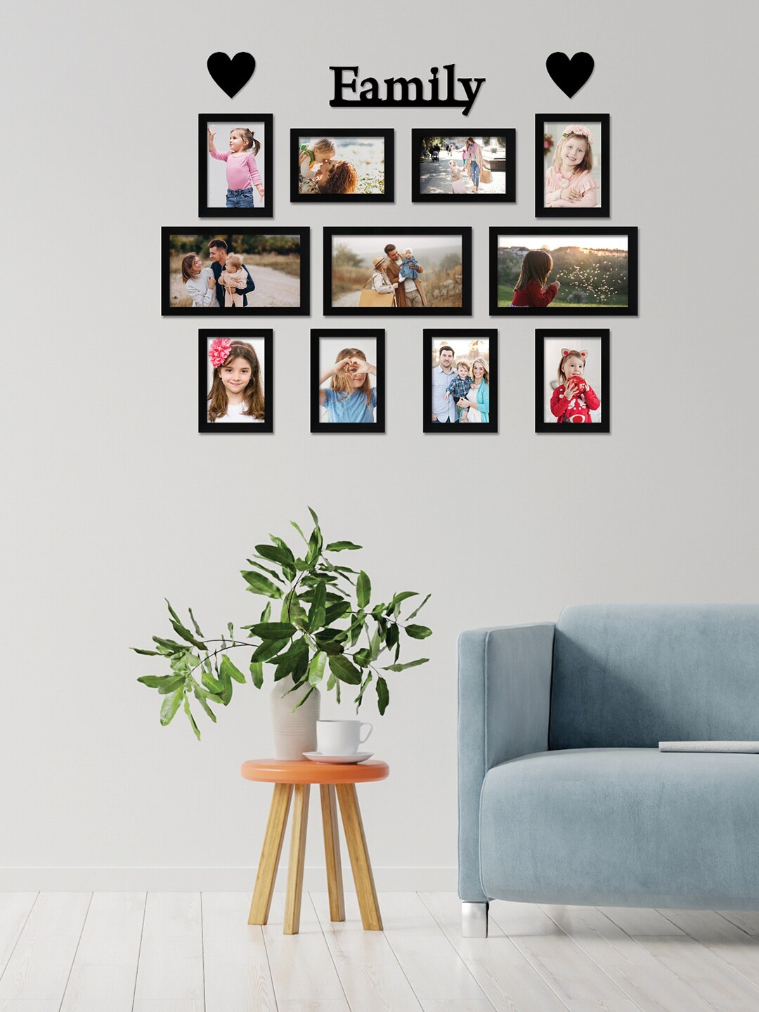 

RANDOM Set Of 11 Black Solid Individual Wall Photo Frames With Family & Heart Plaque