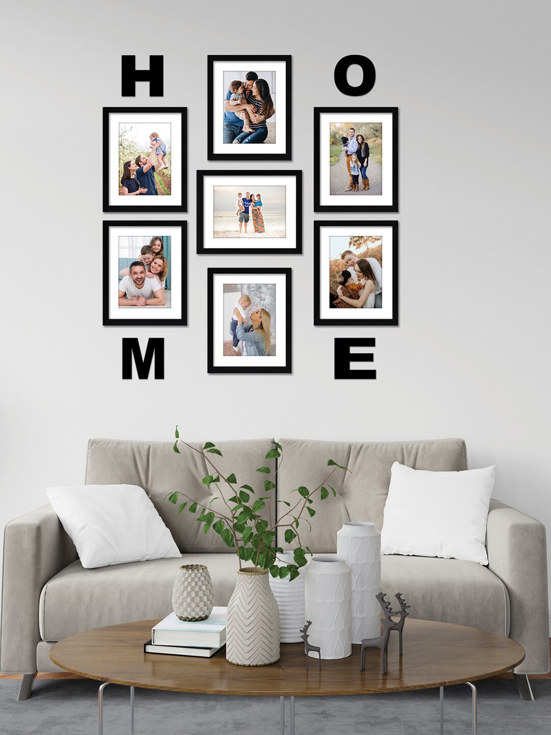 

RANDOM Set Of 7 Black Solid Individual Photo Frames with home plaque