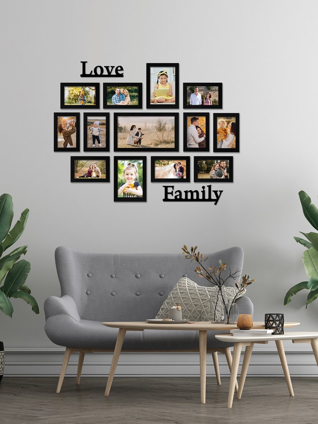 

RANDOM Set Of 13Black Solid Individual Photo Frames With Love & Family Plaque, Black