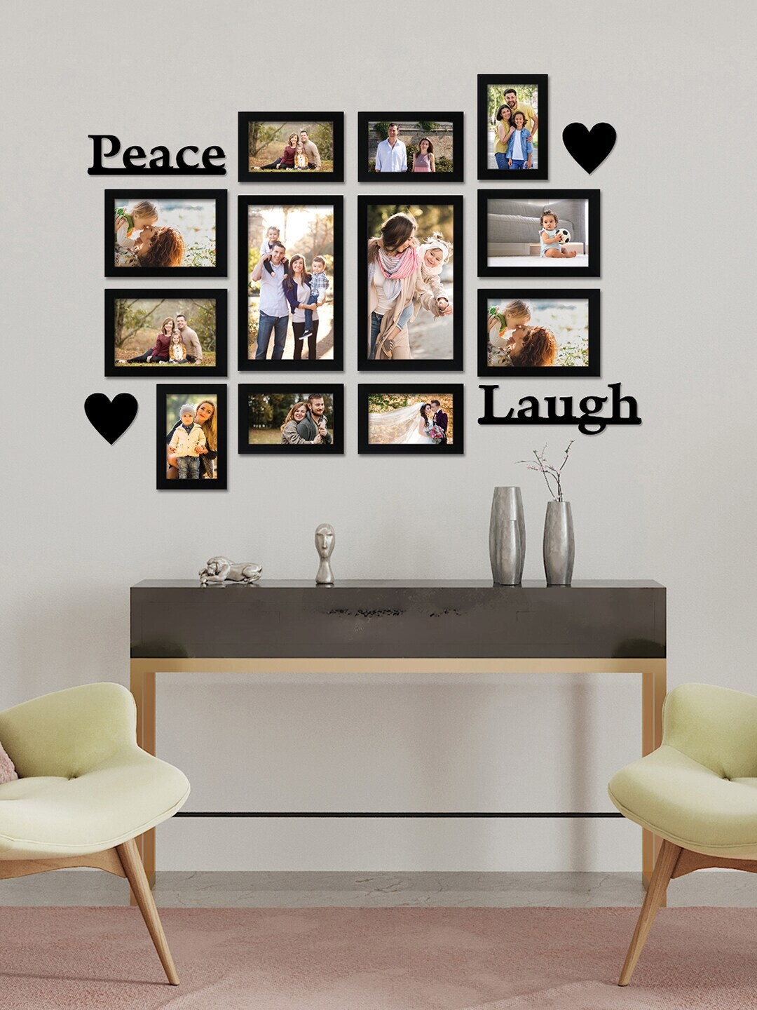 

RANDOM Set Of 12 Black Individual Photo Frames With Peace & Laugh