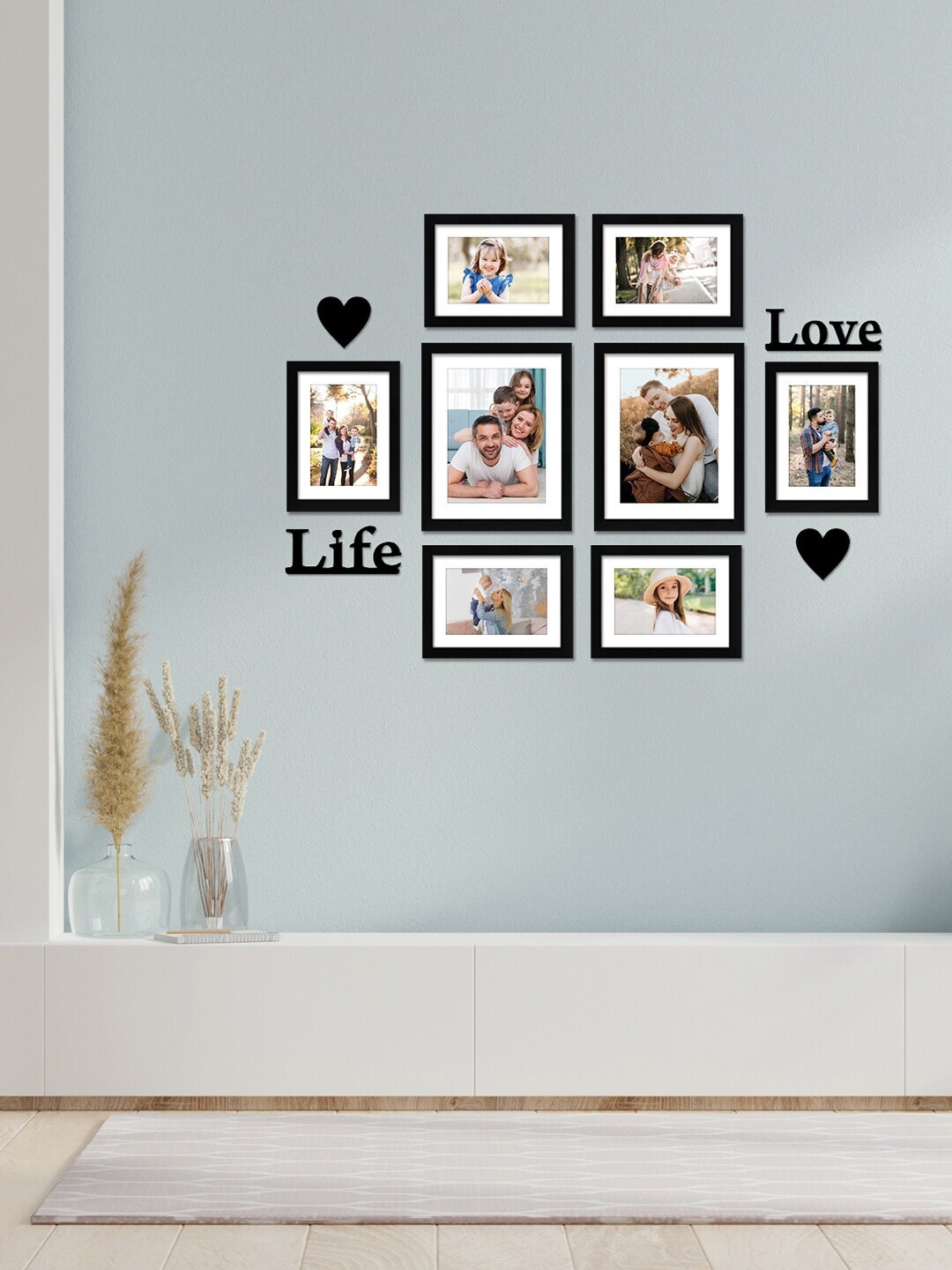 

RANDOM Set Of 8 Black Solid Individual Photo Frames With Love & Life Plaque