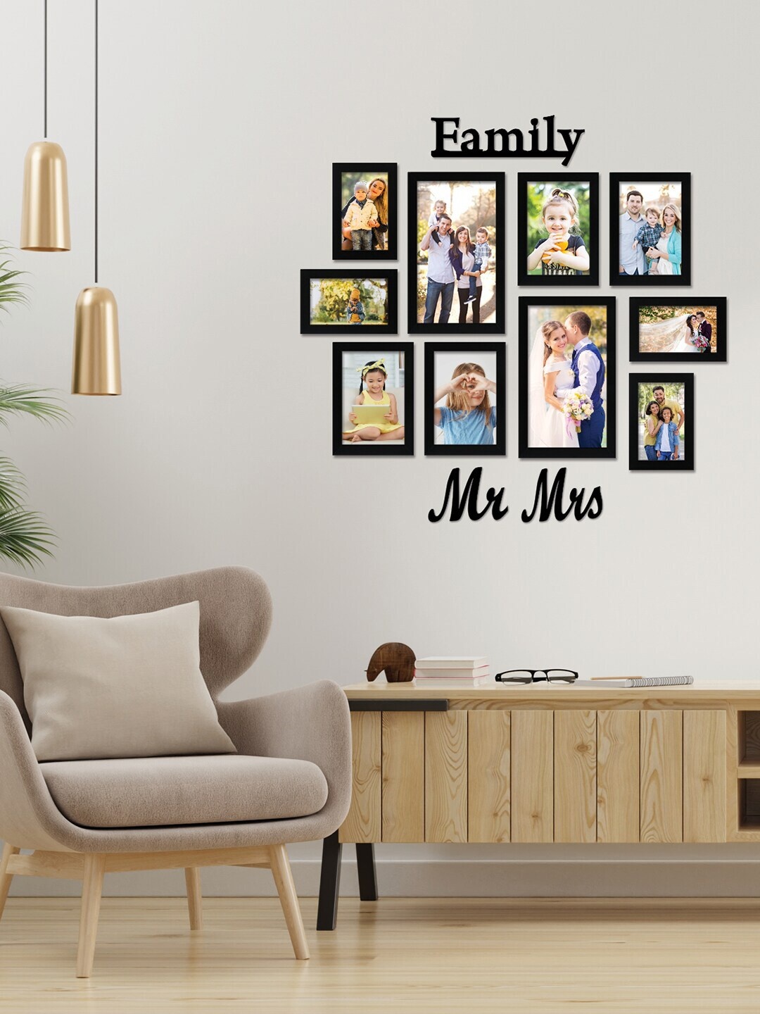 

RANDOM Set Of 10 Black Individual Photo Frames With Family Mr & Mrs Plaque