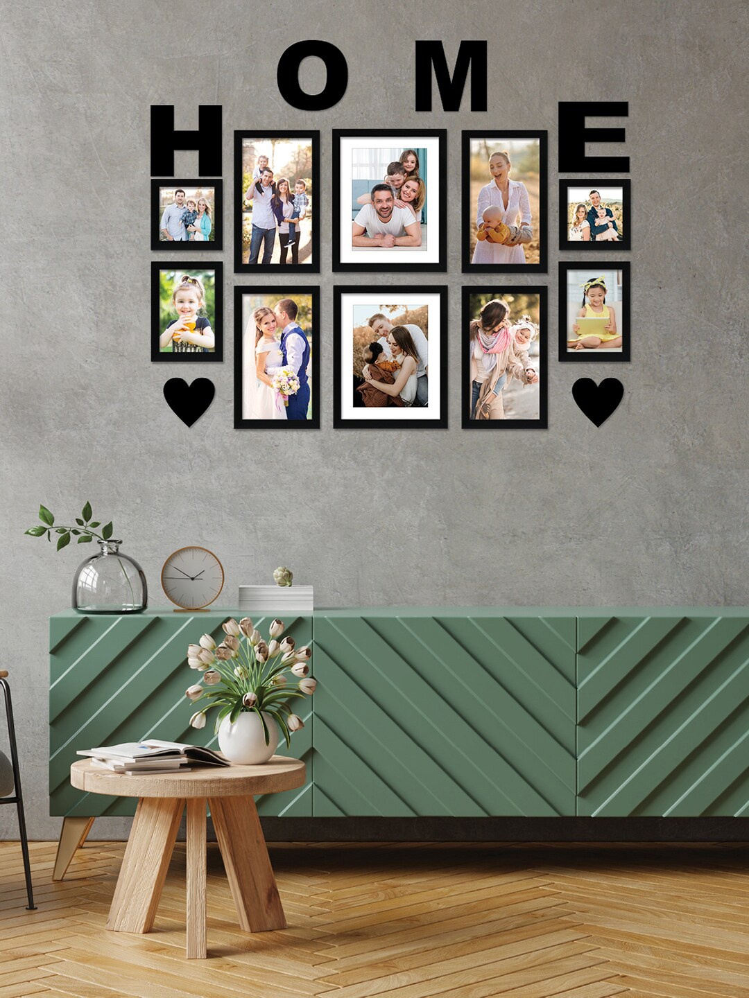 

RANDOM Set Of 10 Black Solid Individual Wall Photo Frames With Home & Heart Plaques