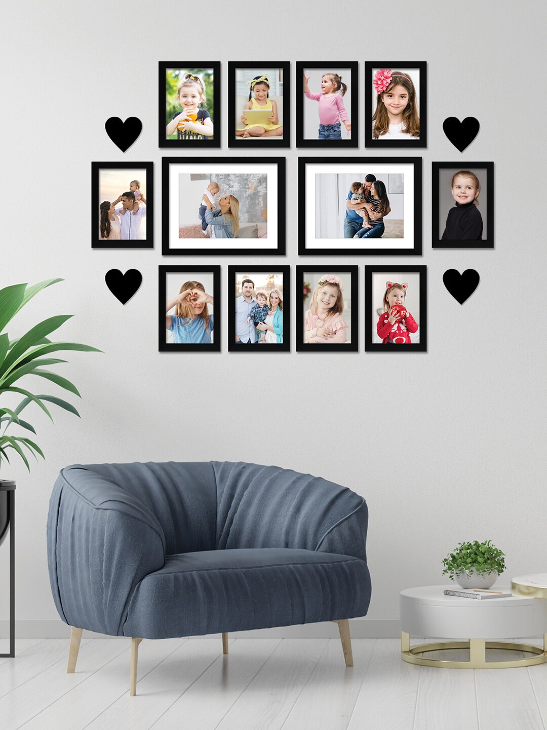 

RANDOM Set Of 12 Black Solid Individual Wall Photo Frames With 4 Heart Plaques