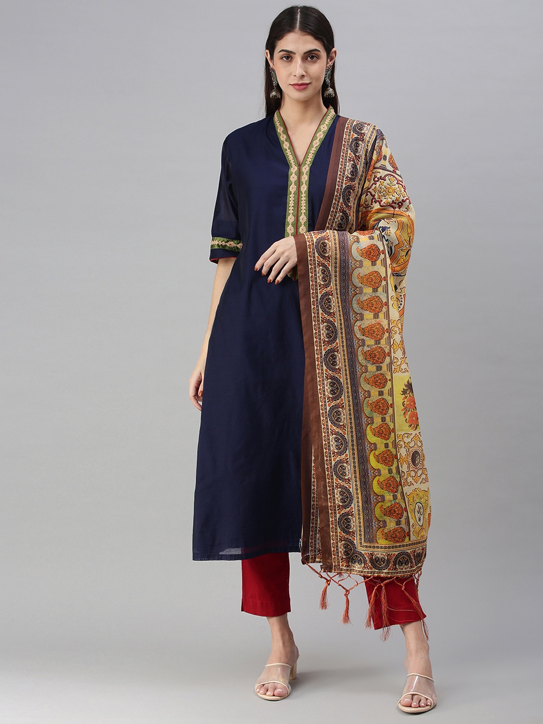 

flaher Mustard Yellow & Brown Printed Cotton Silk Dupatta