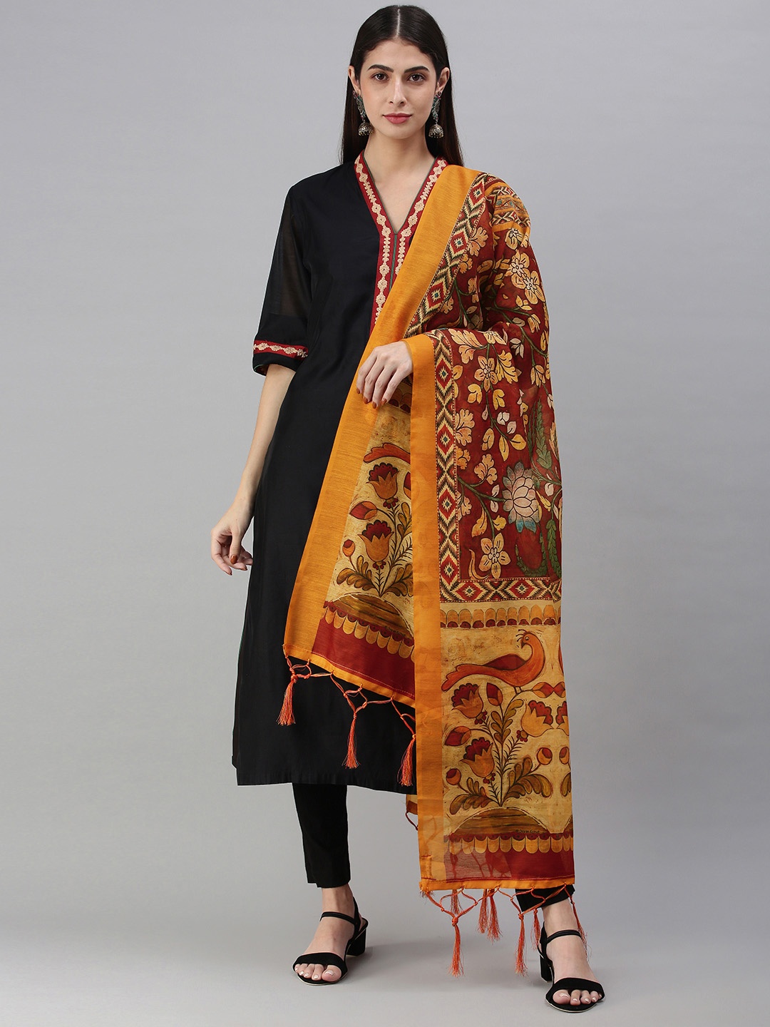 flaher Yellow & Maroon Printed Cotton Silk Dupatta