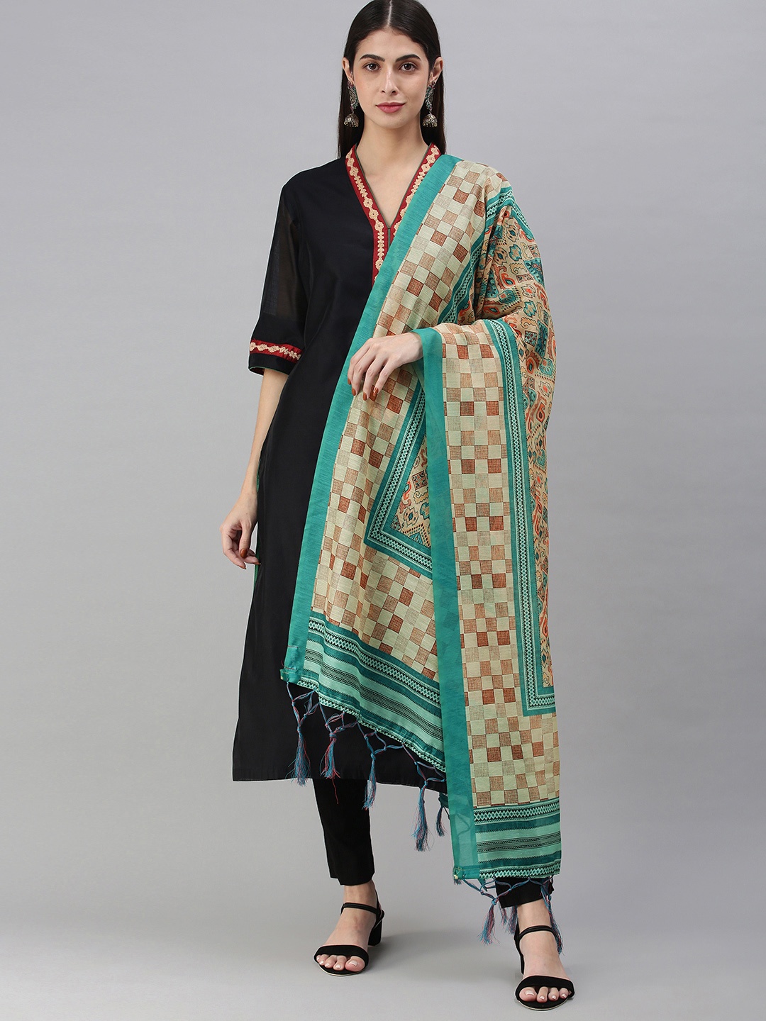 

flaher Beige & Turquoise Blue Ethnic Motifs Printed Cotton Silk Block Print Dupatta