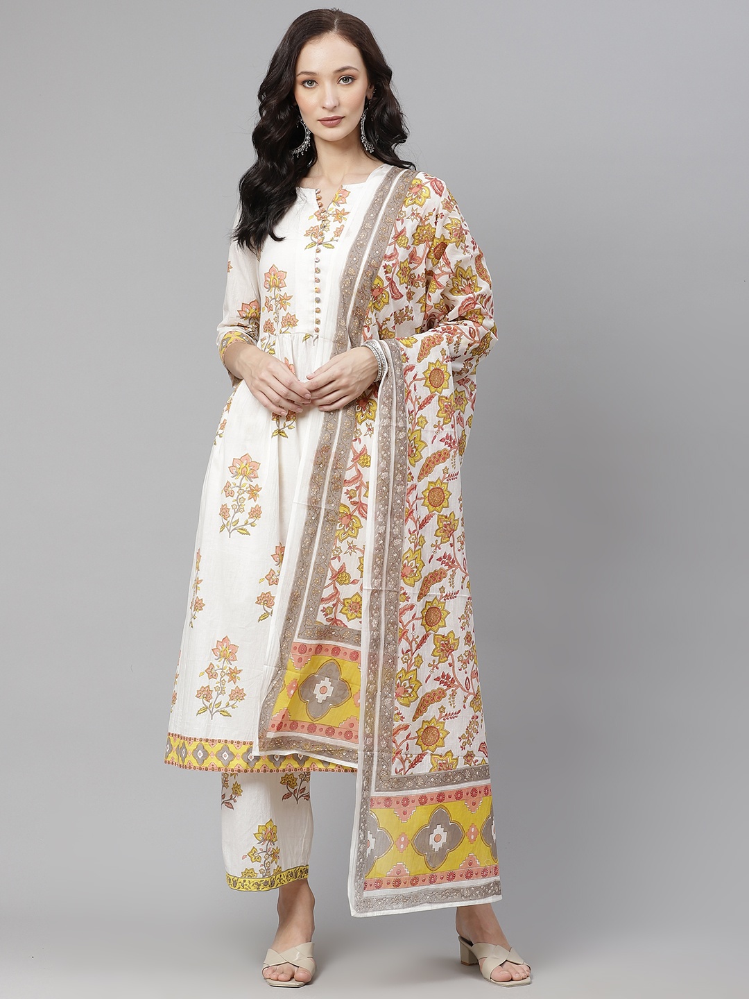 

Yuris Women White & Yellow Ethnic Motifs Pure Cotton Kurta with Palazzos & With Dupatta
