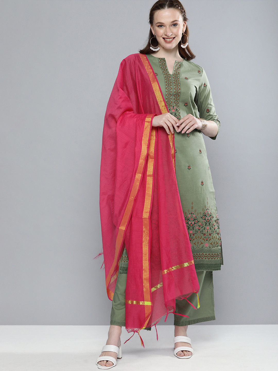 

Vishudh Women Green & Pink Pure Cotton Straight Kurta with Palazzos & Dupatta