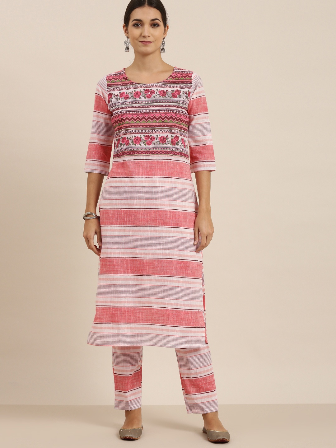 

Vishudh Women Cream and Pink Striped Pure Cotton Kurta with Trousers