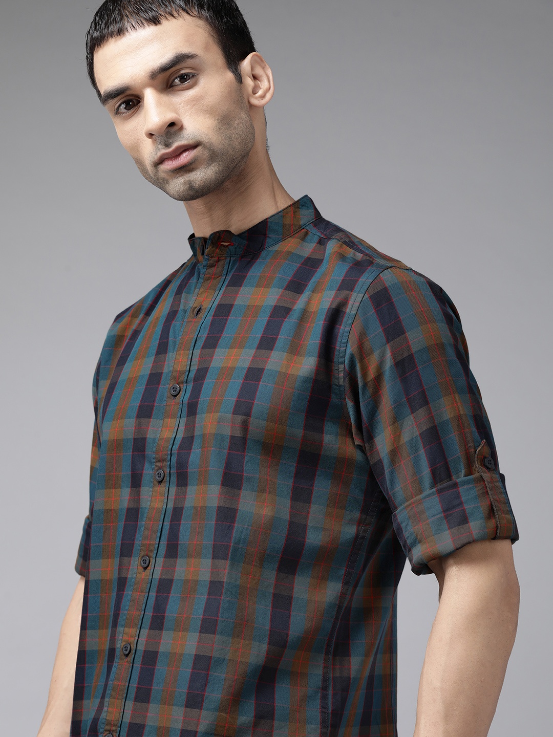 

Roadster Men Green & Navy Blue Pure Cotton Gingham Checked Casual Shirt