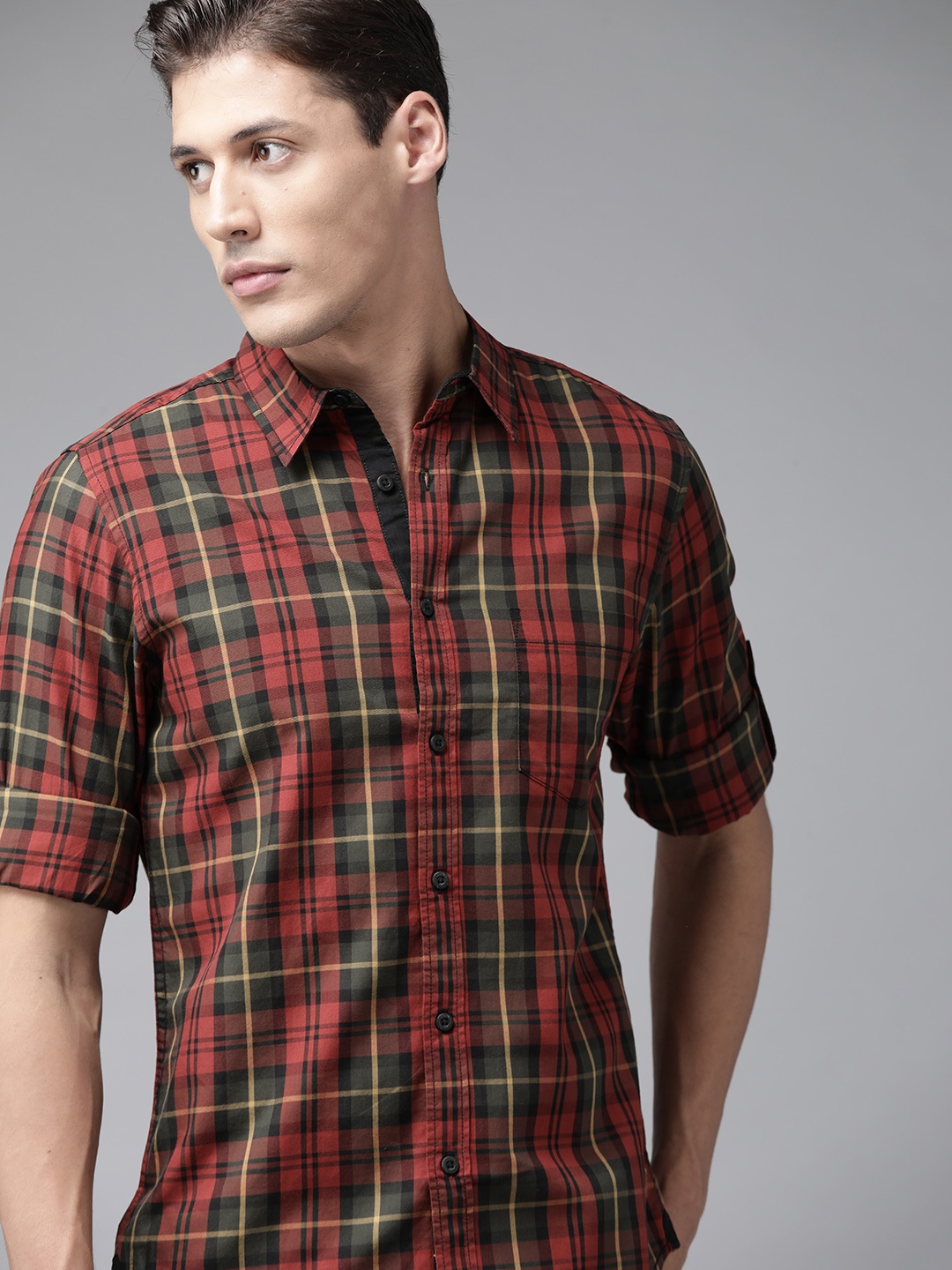 

Roadster Men Maroon & Olive Green Pure Cotton Tartan Checked Casual Shirt
